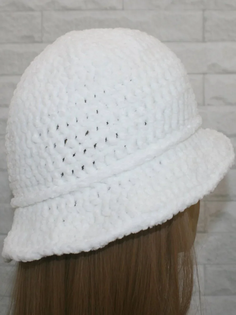 HAND CRAFTED Hat Crochet Bucket Chenille Floppy Wide Brim White Cloud Dancer